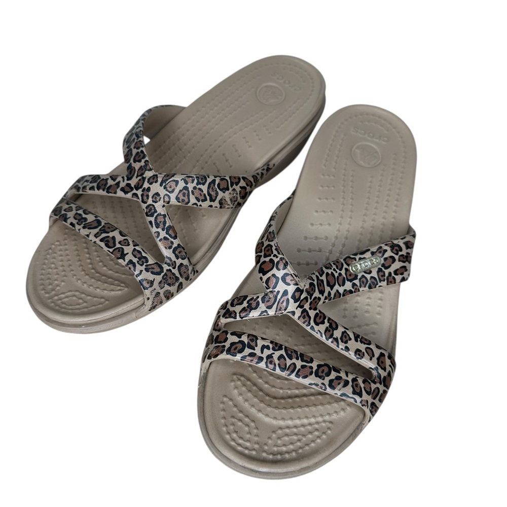 Crocs Dual Comfort Leopard Print Crossover Slip On Sandals Women's Size 7 - Picture 2 of 6